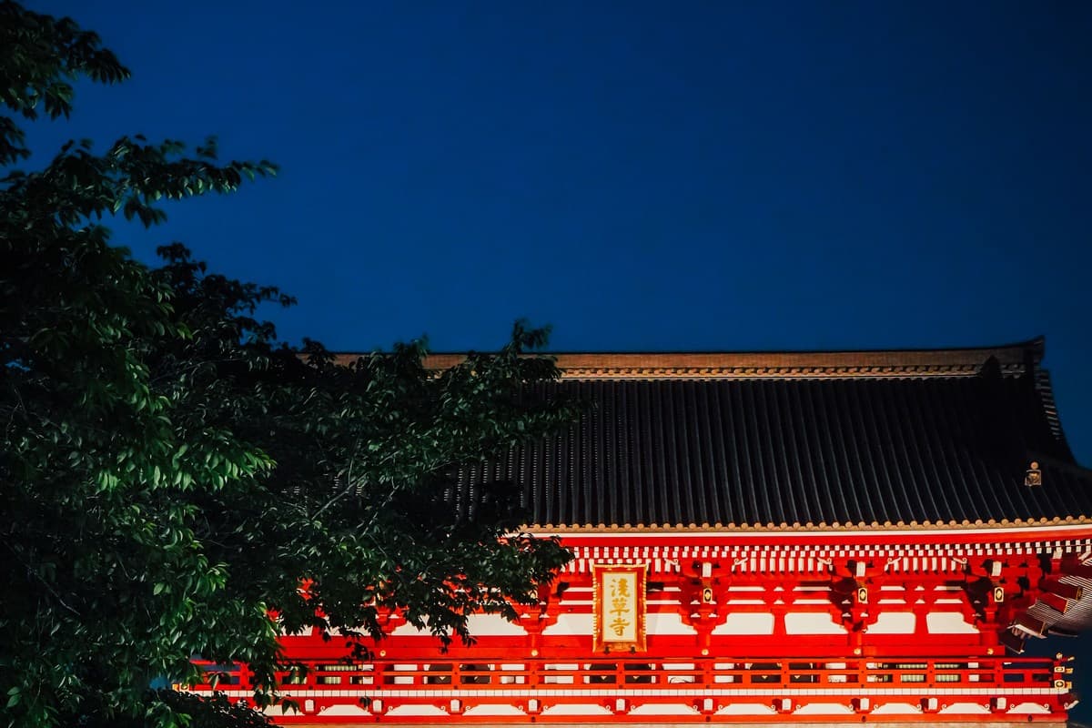 The illuminated Sensō-ji temple gate in Tokyo at night